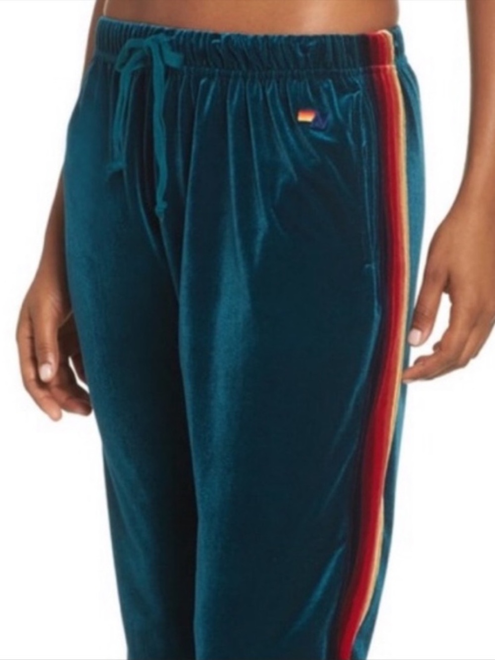 Aviator Nation Teal Velvet Track Pants with Rainbow Side Stripe